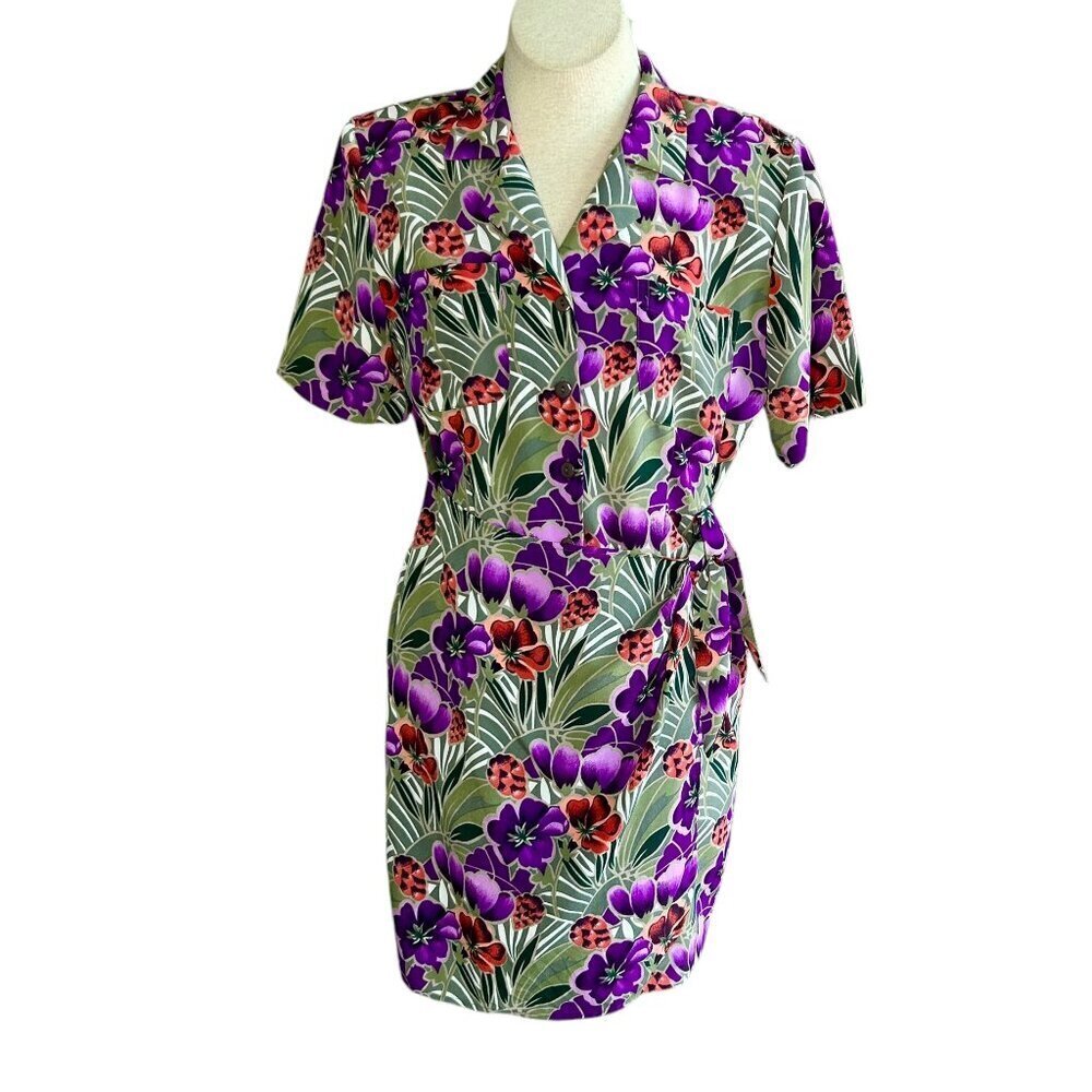 Cimmaron Vintage 90s Purple Floral Faux Wrap Dress Size 8